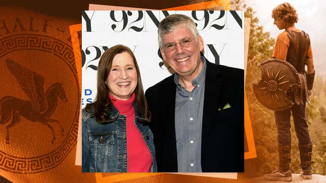 Center: Becky and Rick Riordan (Photo: Gary Gershoff/Getty Images). Right: Walker Scobell as Percy Jackson (Photo: Disney)