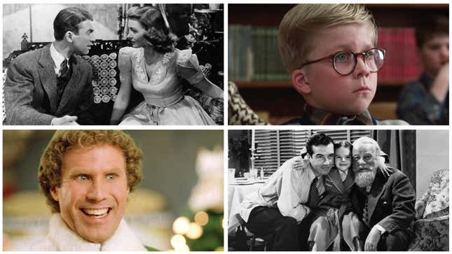 (Clockwise from bottom left) Elf (Courtesy New Line Cinema), It’s A Wonderful Life (RKO Radio Picture/Getty Images), A Christmas Story (Courtesy of MGM), Miracle On 34th Street (Silver Screen Collection/Getty Images)
