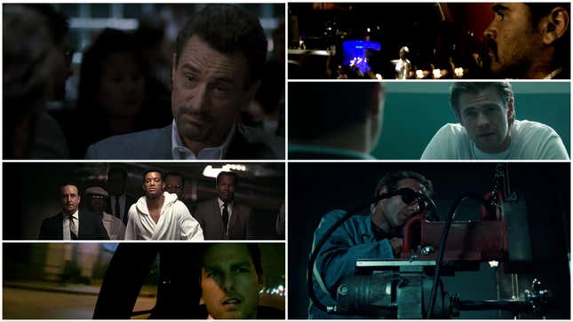 Clockwise from top right: Robert De Niro in Heat, Colin Farrell in Miami Vice, Chris Hemsworth in Blackhat, James Caan in Thief, Tom Cruise in Collateral, Will Smith in Ali.