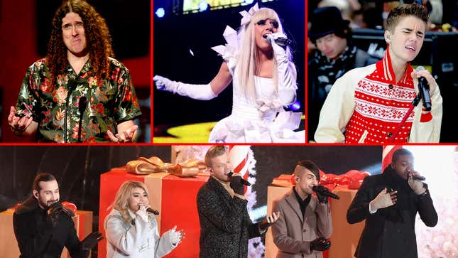 Clockwise from left: Weird Al Yankovic, Lady Gaga, Justin Bieber, Pentatonix